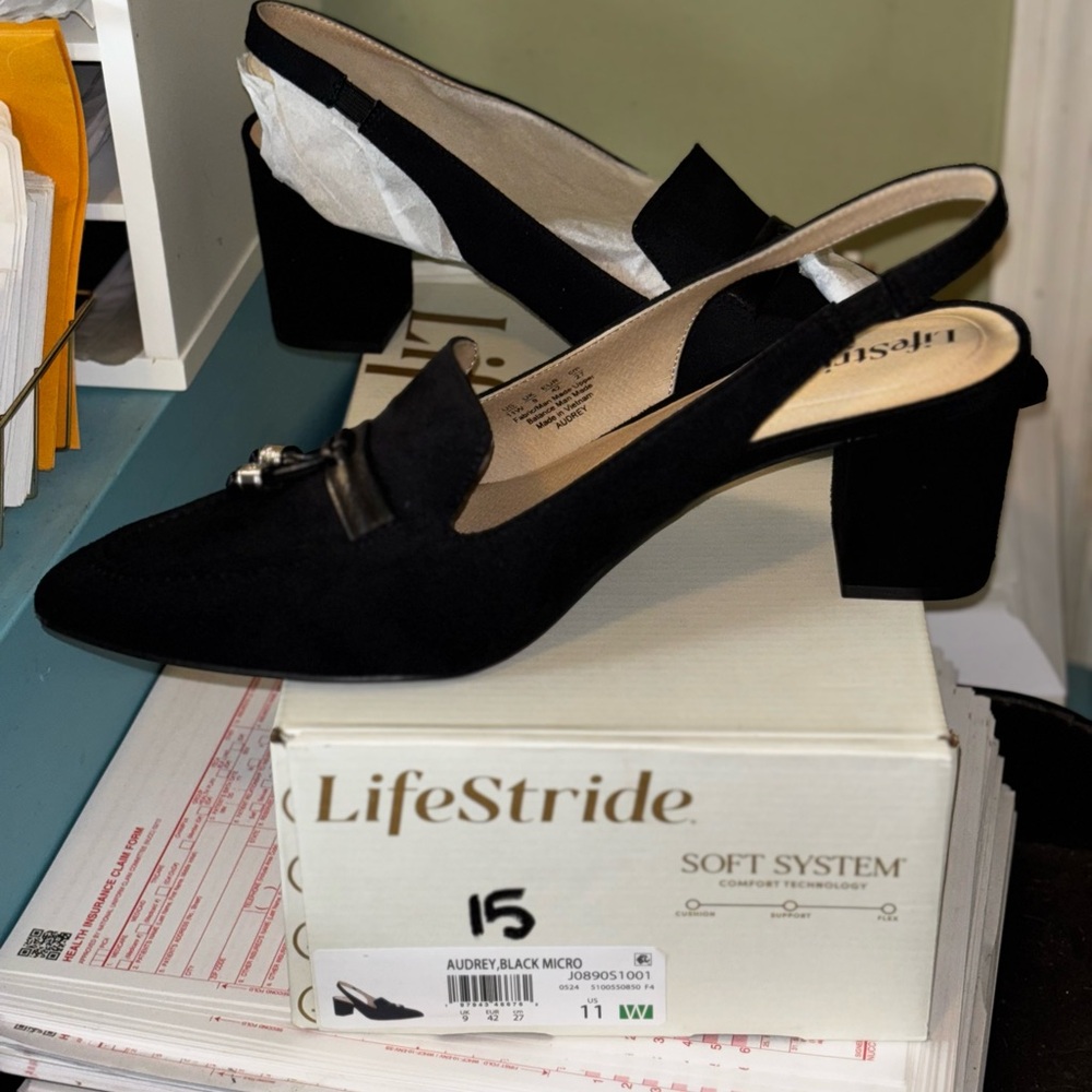 Life Stride Black Slingback Block Heels, 11W Audrey Black Micro - Picture 3 of 7